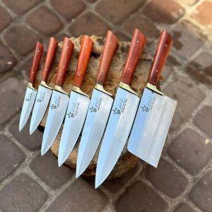 ست چاقو حرفه ای آشپزی دسته چوب پادوک برزیلی ضد زنگ جهیزیه عروس دارای ساطور و 6عدد چاقو بسیار تیز و عالی