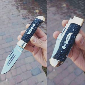 چاقو ضامن دار دسته طرح شاخ باربند برنجی استاد نبی لو