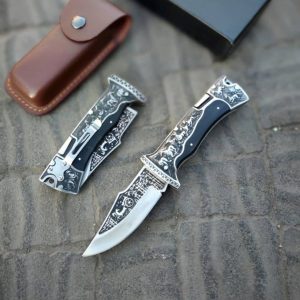 چاقو جیبی کلمبیا اورجینال بهمراه غلاف چرمی طبیعی رنگ دسته چوب