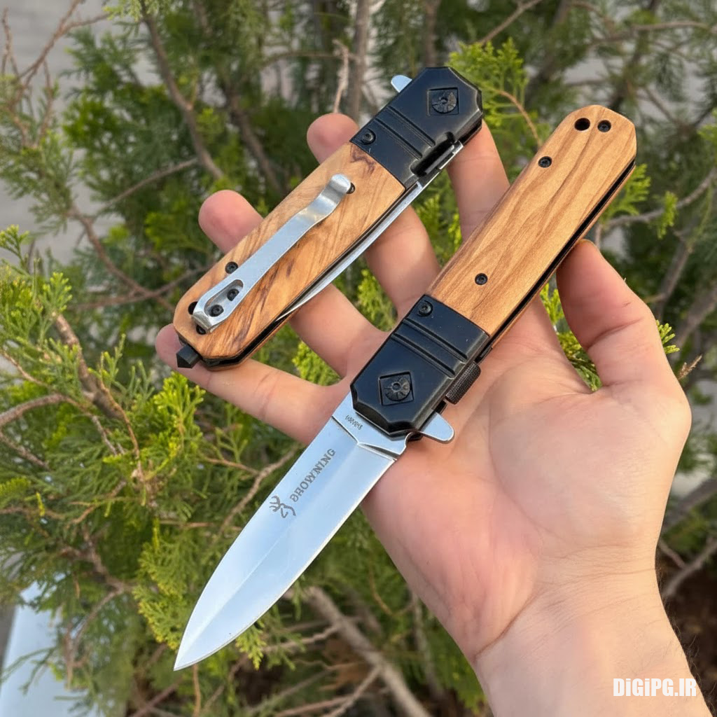 چاقو جیبی روزمره Browning با دسته چوبی و گیره کمری